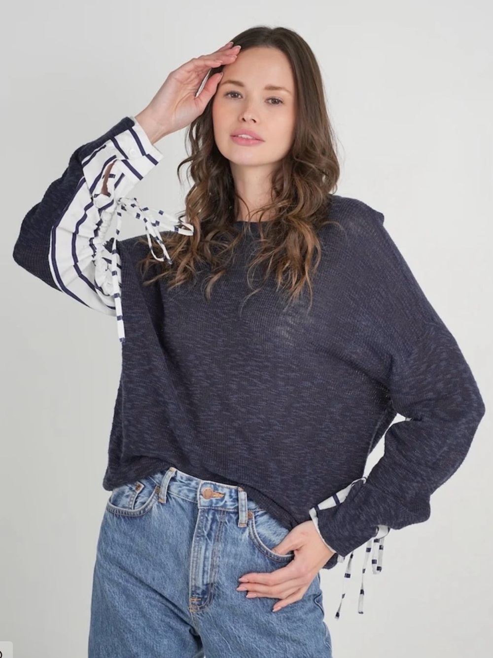 STITCHDROP Navy Mixed-Sleeve Knit Top